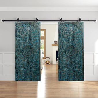 Blue Accents Lotus Carved Sliding Barn Door Vintage Double Doors 80x36
