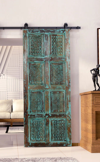 Vintage Blue Carved Wood Double Doors Sliding Barndoor Entry Doors 96x36