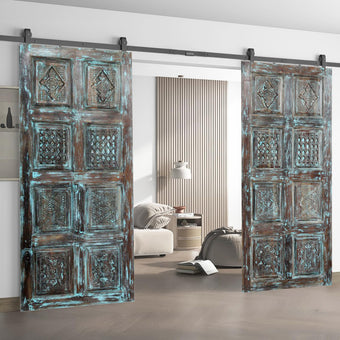 Vintage Carved Wood Sliding Barn Door Distressed Blue Double Door 80