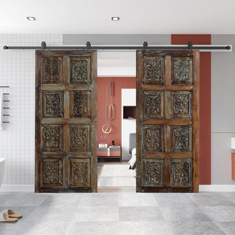 Floral Carved Wood Double Doors Vintage Sliding Barn Door 80x36