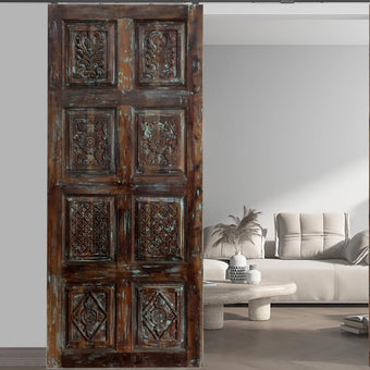 Vintage Sliding Barn Door Distressed Blue Floral Carved Wood Double Doors 80x36