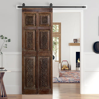Vintage Carved Wood Door Brown Brass Studs Single Sliding Barndoor 80