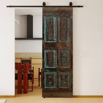 Vintage Carved Single Door Blue Hues Teak Wood Spanish Barndoor 80x23