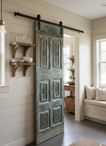 Vintage Carved Door Reclaimed Wood Blue Sliding Barndoor 80x25