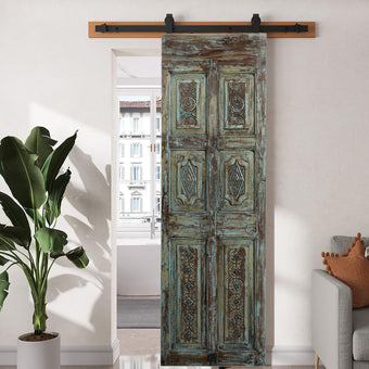Vintage Carved Wood Single Door Green Hues Spanish Barndoor 80x26