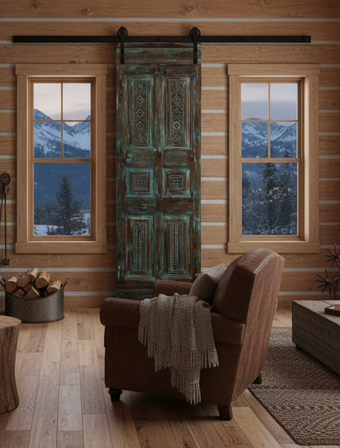 Vintage Carved Doors Floral Distress Blue Door Closet Barndoor Single Door