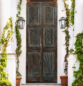 Pair Antique Carved Wood Door Blue Hues Interior Teak Door Panel French Doors 80x32