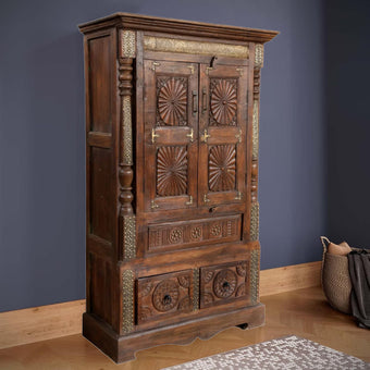 Antique Armoire Earthy Brown Patina Sunrays Carved Cabinet