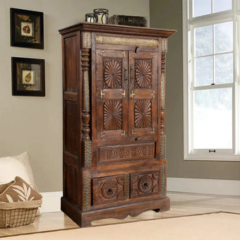 Antique Armoire Earthy Brown Patina Sunrays Carved Accent Cabinet 65x38