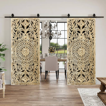 Mandala Lotus Panel Wooden Lattice Carved Vintage Sliding Door, 80