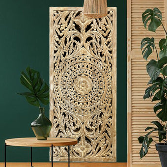 Mandala Lotus Panel Wooden Lattice Carved Vintage Sliding Door, 80