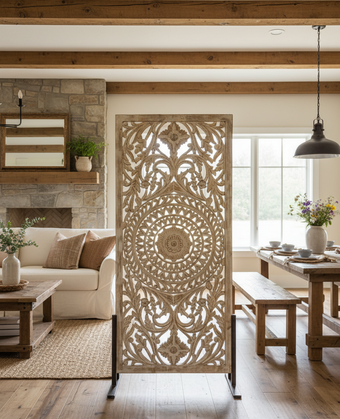 Mandala Lotus Panel Wooden Lattice Carved Vintage Barn Door Room Divider