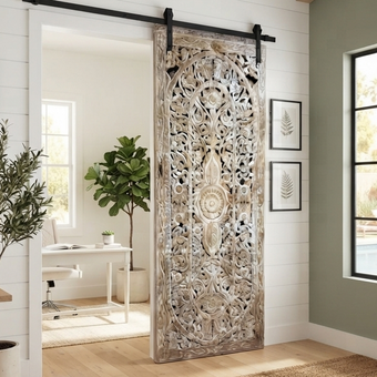 Natural Wood Floral Lattice Carved Door