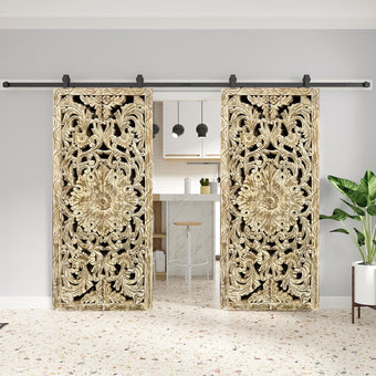 Vintage Wooden Sliding Door Panels with Floral Lattice Carving 80