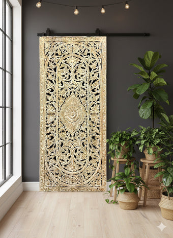 Vintage Floral Lattice Carved Barn Door Wooden Whitewash Room Divider Panels