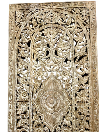 Vintage Floral Lattice Carved Wooden Whitewash Sliding Door Panels