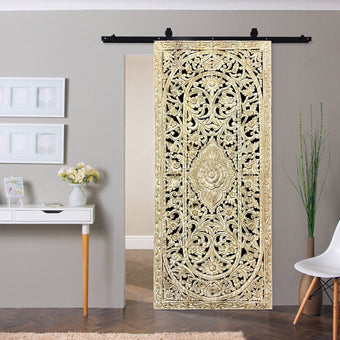 Vintage Floral Lattice Carved Wooden Whitewash Sliding Door Panels