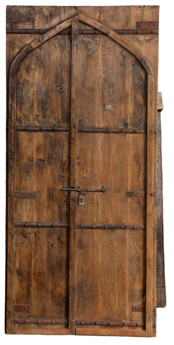 Antique Indian Door Brown Teak Wood Hand Carved Arch Door 108x45