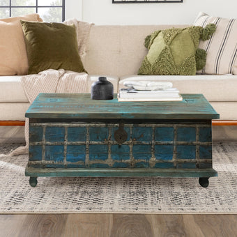 Rustic Blue Hope Chest – Iron Strap Coffee Table with Storage & Blanket Trunk