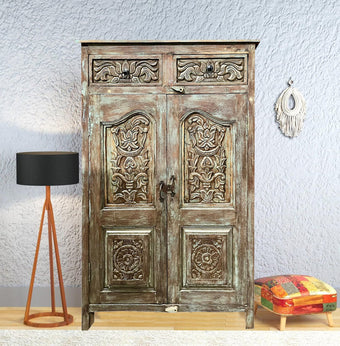 Antique Armoire Blue Floral Carved Storage Wardrobe Cabinet