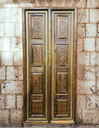 Vintage Indian Temple Door Ornate Hand Carved Om Double Doors 82