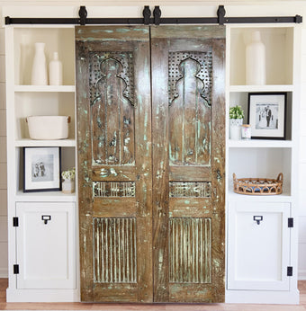 Hand Carved Vintage Wood Double Doors Nail Studded Barn Doors 80x32