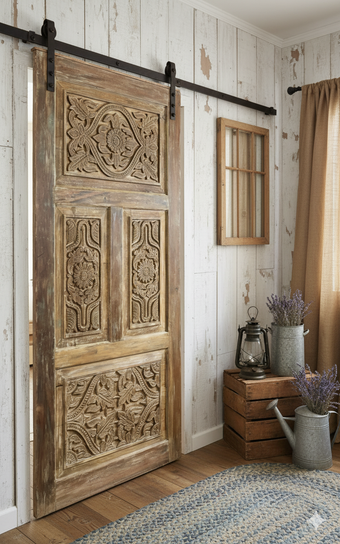 Ornate Carved Vintage Barn Door Door Reclaimed Wooden Barndoor 80x36