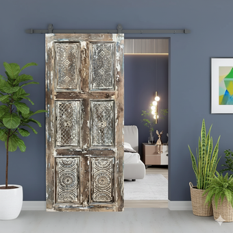 Vintage Wood Floral Geometric Carved Door Rustic Ranch Doors 80x32