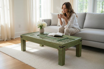 Antique Carved Door Coffee Table – Rustic Green Accent Table | Vintage Modern Furniture
