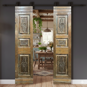 Vintage Carved Double Barn Doors – Floral Teak Doors with Brass Stud Accents 80