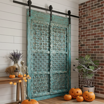 Antique Carved Double Doors Brass Studs Rustic Blue Farmhouse Door 91