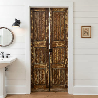 Antique Carved Wood Double Doors Brass Studs Decorative Barn Doors 80