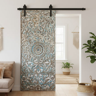 Vintage Carved Wood Door Blue Lotus Brass Studs Carved Wall Art 80x36