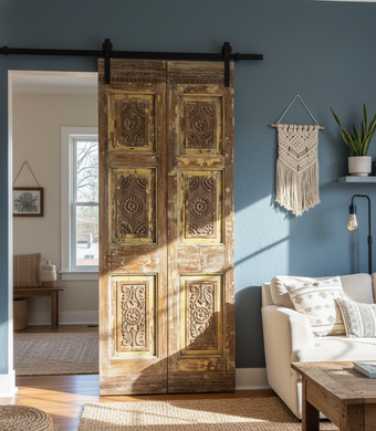 Vintage Carved Double Doors – Custom Floral Doors with Brass Stud 80x34