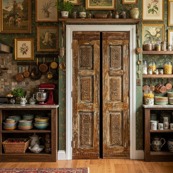 Antique Carved Double Door Brass Studs Rustic Farmhouse French Door 80