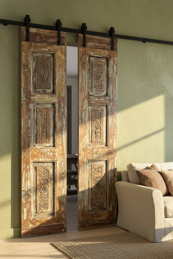 Antique Carved Double Door Brass Studs Rustic Blue Farmhouse Door