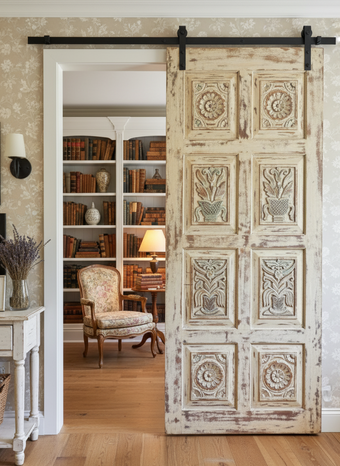 Vintage Carved Door Sandwashed Shabby Chic Sliding Barndoor 80x36