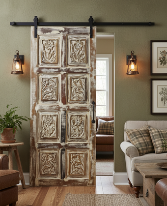 Vintage Brass Stud Carved Door Distress Farmhouse Barn Door Statement Door