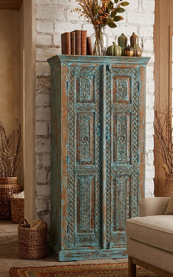 Antique Blue Wardrobe Armoire Floral Brass Studs Hand Carved Storage Cabinet 83x36