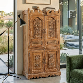 Antique Carved Armoire 4 Door Cabinet Ornate Accent Furniture 77x38
