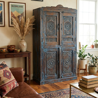 Antique Lotus Carved Armoire Distress Blue Brass Studs Cabinet 70x36