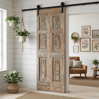 Antique Carved Door 6 Panel Sliding Barn Door Rustic Farmhouse Door