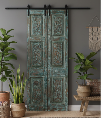 Vintage Carved Barn Door Blue Floral Reclaimed Wood Sliding Door