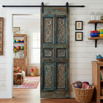 Antique Carved Teal Pantry Door - Feature Wall Art Barn Door Panel