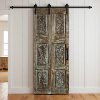 Vintage Sunburst Carved Barn Door Reclaimed Wood French Doors