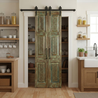 Antique Carved Green French Doors - Feature Wall Art Barn Door Panel