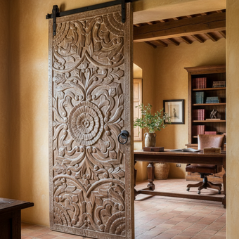 Vintage Carved Wood Door Lotus Medallion Artistic Double Doors