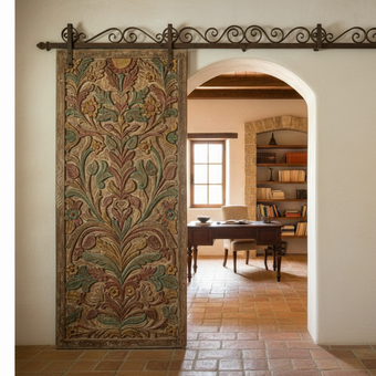 Vintage Carved Door Tree Of Life Colorful Feature Wall Art Sliding Barn Door