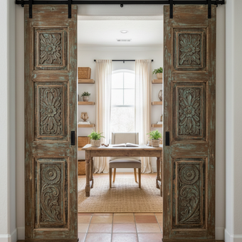 Antique Carved Closet Door Blue Floral Hinged or Sliding Barn Door Panel