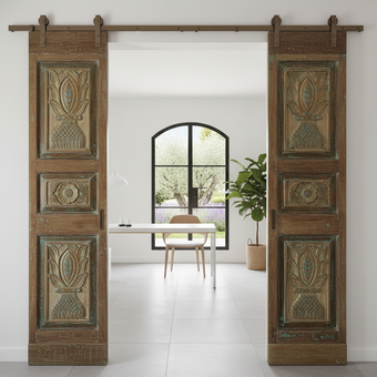 Antique Carved Double Doors Floral Vase Design Wooden Pantry Barn Door